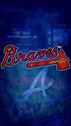 Atlanta Braves Team Logo on Textured Blue Background with Tomahawk and Bat Design HD phone wallpaper