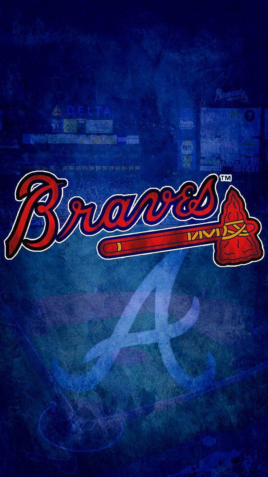 Atlanta Braves Team Logo on Textured Blue Background with Tomahawk and Bat Design HD phone wallpaper