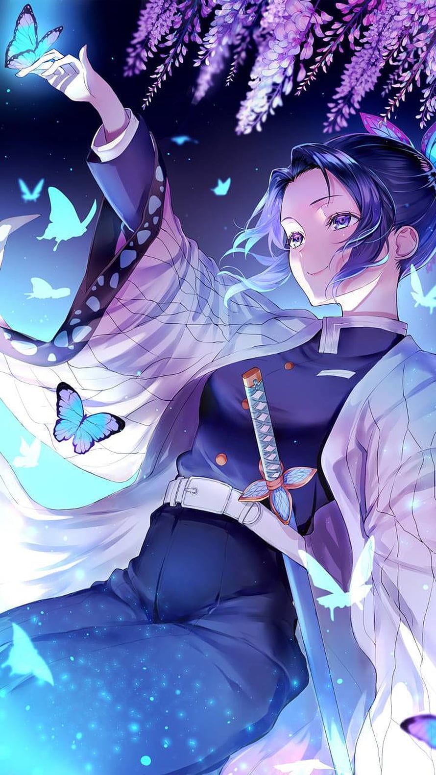 Shinobu Kocho from Demon Slayer Reaching for a Glowing Butterfly Under Wisteria Blossoms HD phone wallpaper