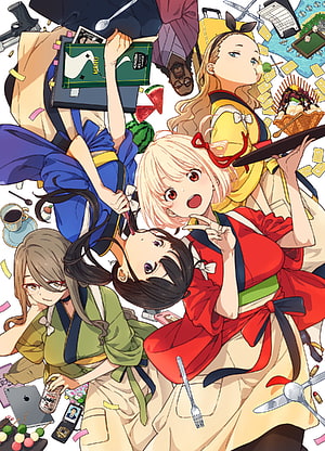 Lycoris Recoil Anime Characters in Colorful Casual Outfits with Scattered Objects HD phone wallpaper