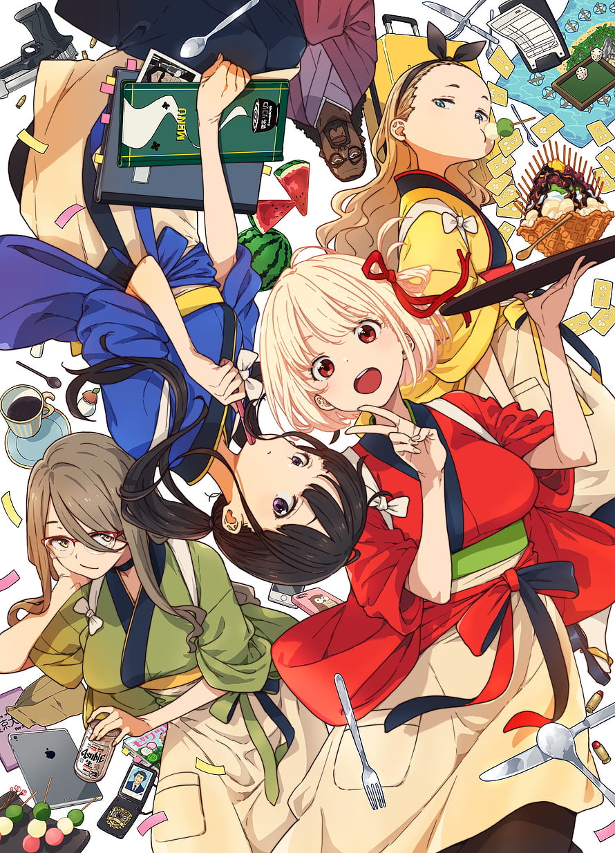 Lycoris Recoil Anime Characters in Colorful Casual Outfits with Scattered Objects HD phone wallpaper