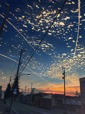 Japanese Residential Street at Golden Hour with Dramatic Clouds and Power Lines HD phone wallpaper