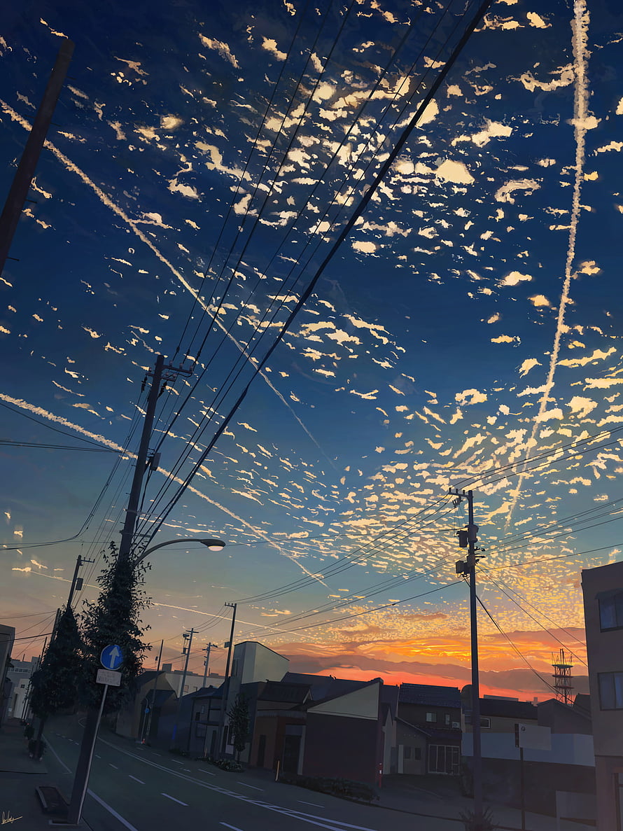 Japanese Residential Street at Golden Hour with Dramatic Clouds and Power Lines HD phone wallpaper