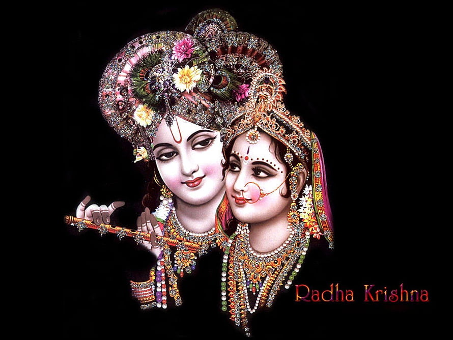 Radha Krishna Devotional Portrait with Flute and Ornate Jewelry on Black Background HD wallpaper