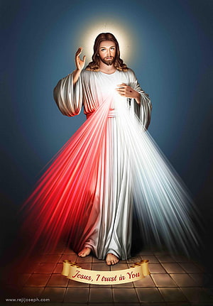 Divine Mercy Jesus Sacred Heart Artwork with Radiant Light and Prayer Banner HD phone wallpaper
