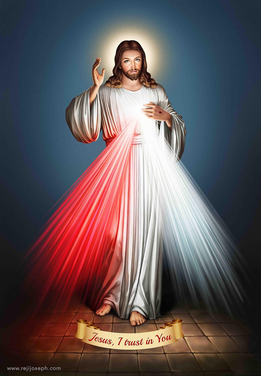 Divine Mercy Jesus Sacred Heart Artwork with Radiant Light and Prayer Banner HD phone wallpaper