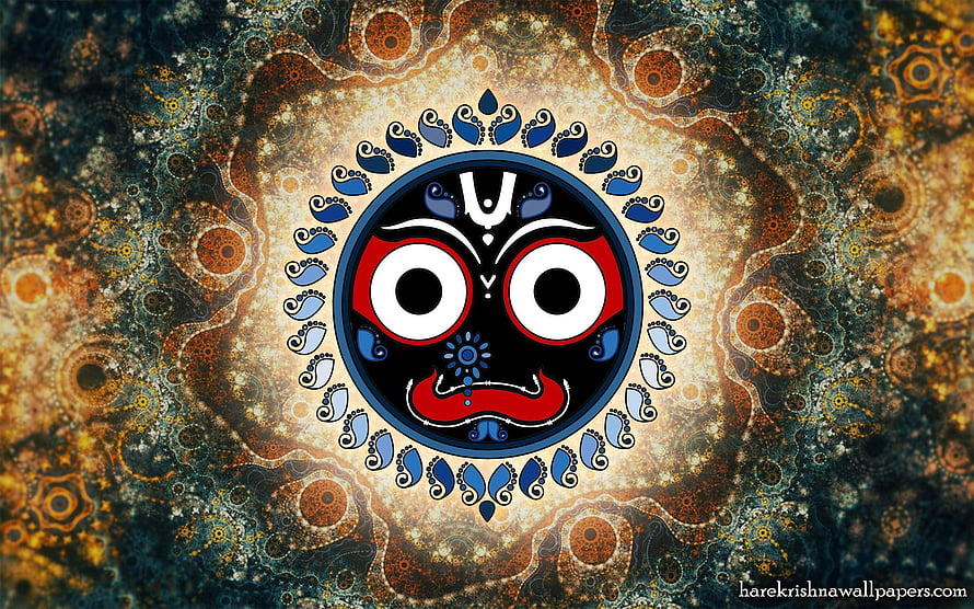 Jagannath Deity Face with Ornate Blue and Gold Mandala Background HD wallpaper