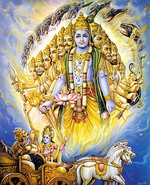 Lord Krishna Divine Chariot Scene with Arjuna and Multiple Faces HD phone wallpaper