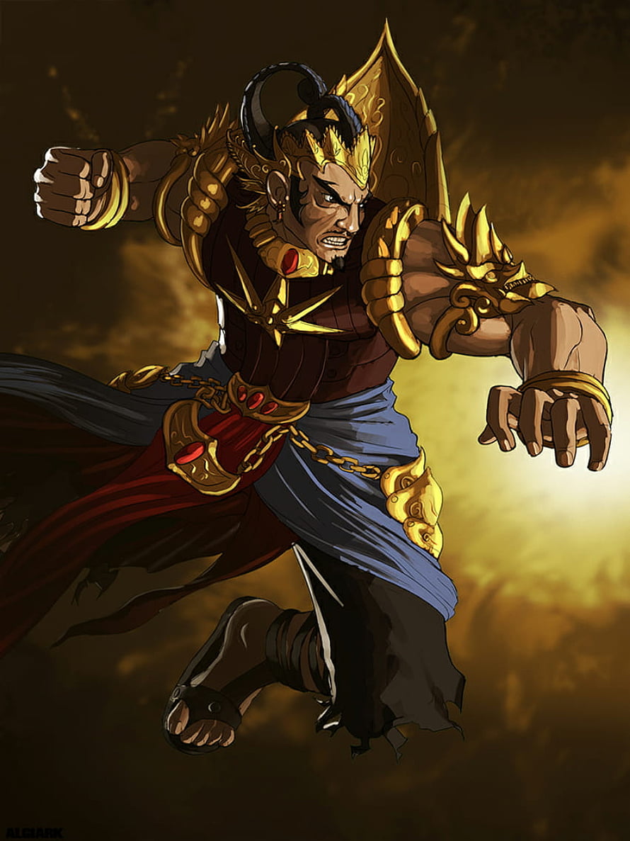 Gatot Kaca Warrior in Golden Armor Leaping Through Fiery Sky HD phone wallpaper
