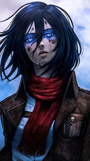 Mikasa Ackerman Portrait in Survey Corps Uniform with Red Scarf and Blue Eyes HD phone wallpaper