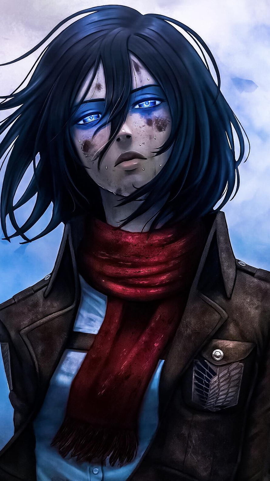 Mikasa Ackerman Portrait in Survey Corps Uniform with Red Scarf and Blue Eyes HD phone wallpaper