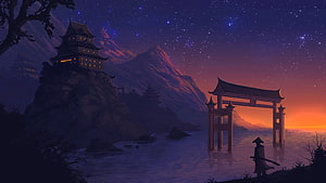 Silhouette of a warrior standing before a torii gate at a mountain temple during a starry twilight HD wallpaper