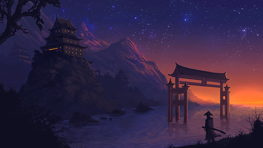 Silhouette of a warrior standing before a torii gate at a mountain temple during a starry twilight HD wallpaper