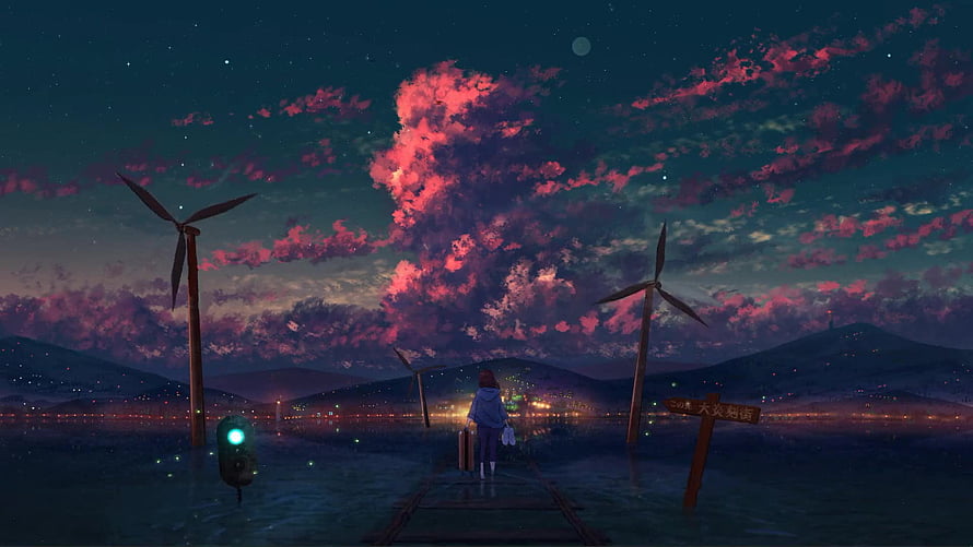 Last Summer Night Anime Scene with Wind Turbines and Pink Clouds HD wallpaper