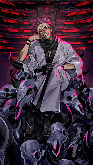 Sukuna from Jujutsu Kaisen Seated on a Throne of Skulls in Dark Anime Art HD phone wallpaper