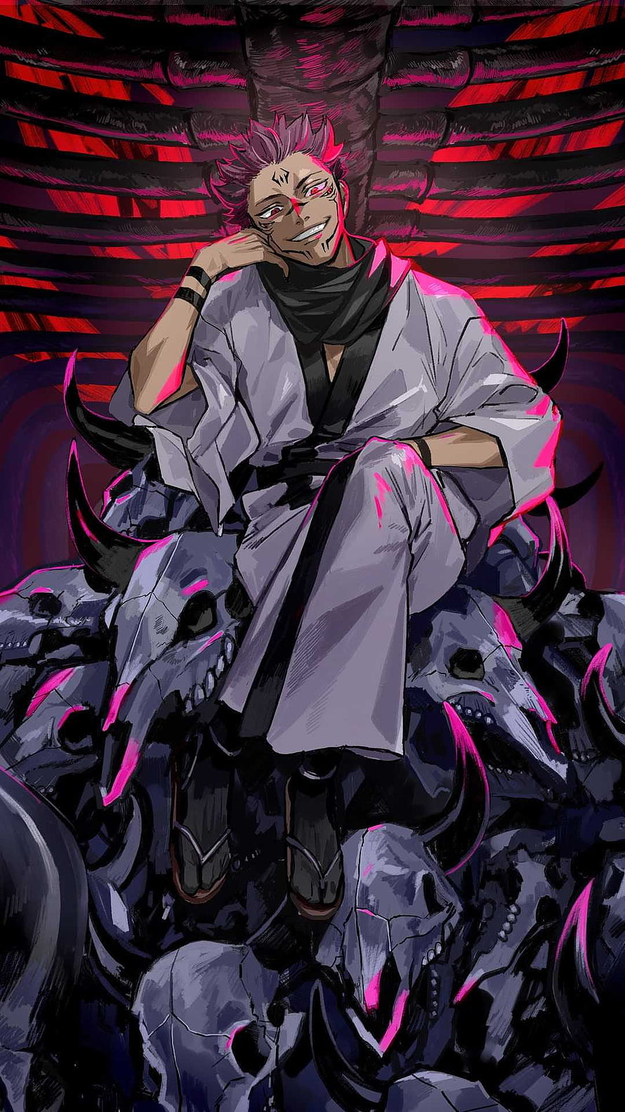 Sukuna from Jujutsu Kaisen Seated on a Throne of Skulls in Dark Anime Art HD phone wallpaper