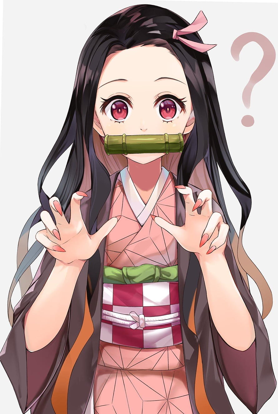 Nezuko Kamado from Demon Slayer in Pink Kimono with Bamboo Mouthpiece HD phone wallpaper