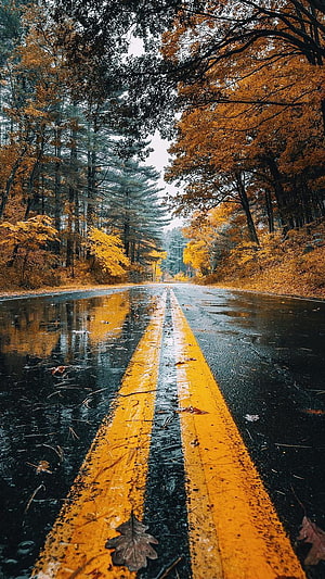 Wet Forest Road with Yellow Lines Under Autumn Canopy HD phone wallpaper