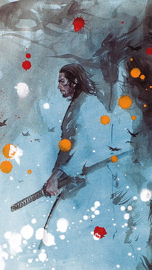 Vagabond Samurai Watercolor Illustration with Katana and Ink Splatter HD phone wallpaper