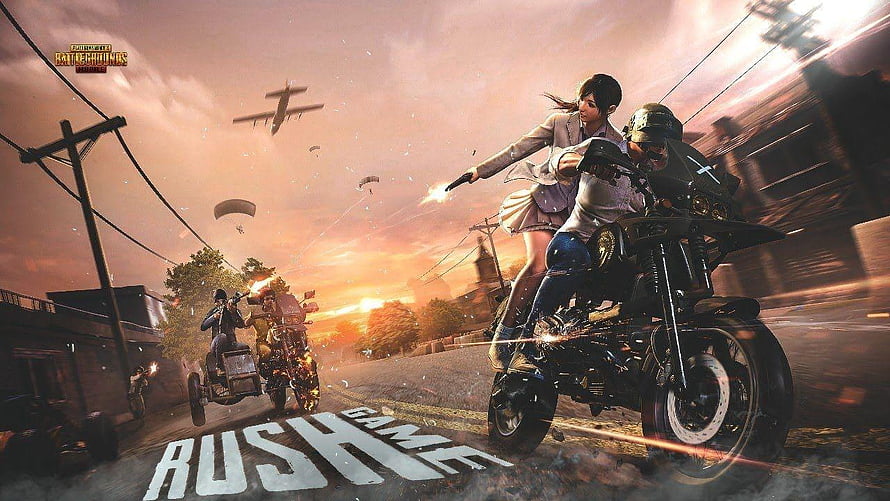 PUBG Mobile Battle Grounds Motorcycle Chase with Parachutes and Airplane at Sunset HD wallpaper