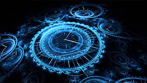 Glowing Blue Digital Clocks and Gears on a Dark Background HD wallpaper