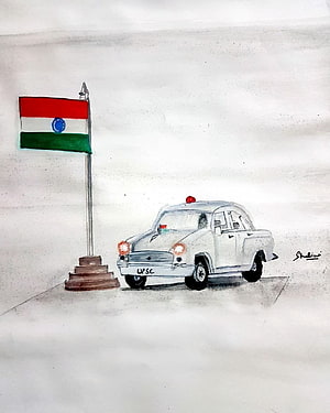 Hand-drawn sketch of a vintage UPSC police car parked beside the Indian national flag HD phone wallpaper