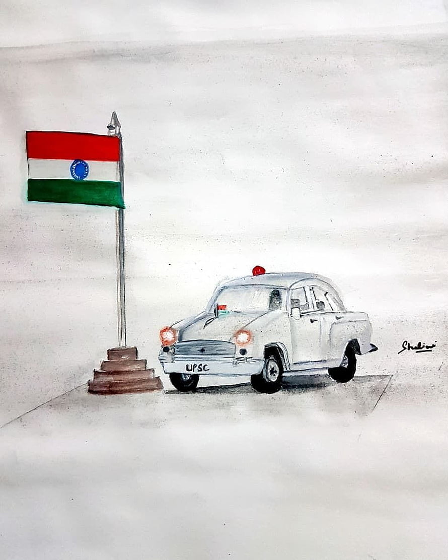Hand-drawn sketch of a vintage UPSC police car parked beside the Indian national flag HD phone wallpaper