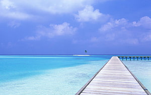 Tropical Beach Pier Leading to a Distant Island with Turquoise Water HD wallpaper