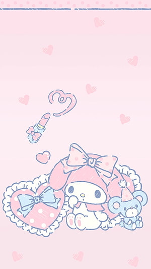 My Melody Kawaii Illustration with Pink Hearts and Cute Accessories HD phone wallpaper