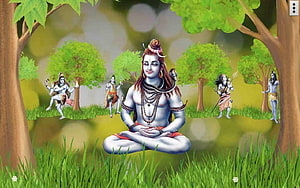 Lord Shiva Meditating in a Lush Forest with Deities and Ascetics HD wallpaper