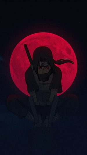 Itachi Uchiha Meditating Before a Blood Moon in Dark Anime Style HD phone wallpaper