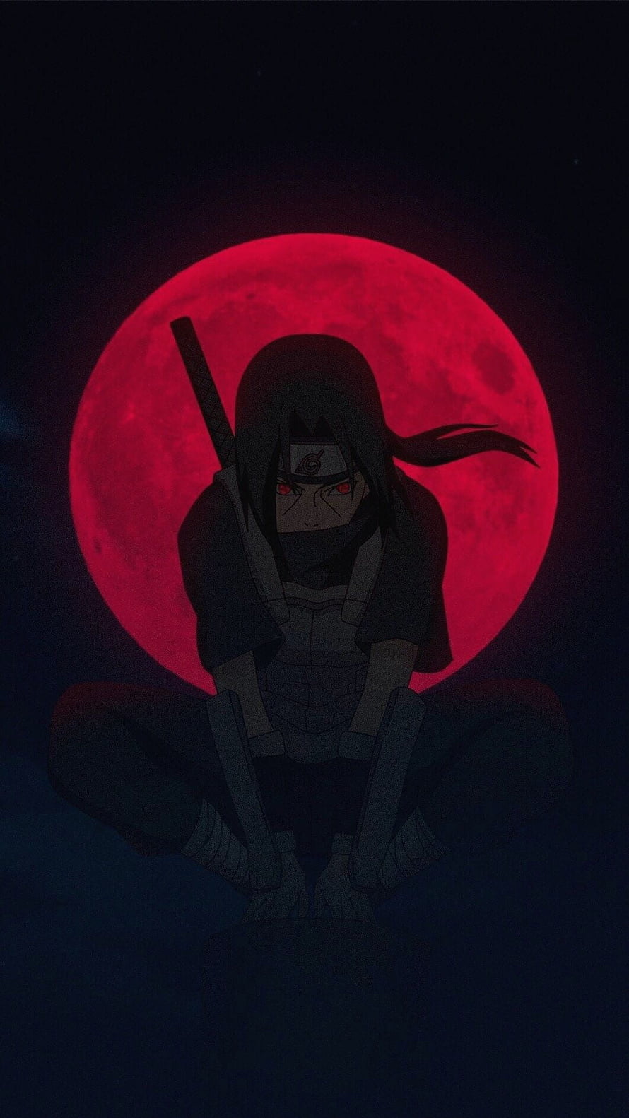 Itachi Uchiha Meditating Before a Blood Moon in Dark Anime Style HD phone wallpaper