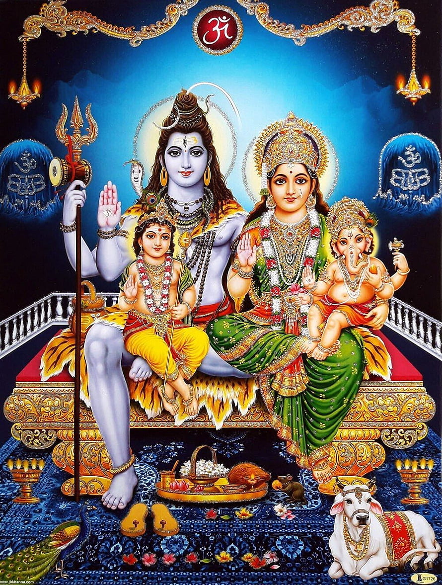 Shiva and Parvati with Ganesha and Kartikeya in ornate Hindu devotional artwork HD phone wallpaper