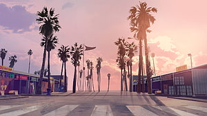 Grand Theft Auto V Los Santos Street Scene at Sunset with Palm Trees HD wallpaper