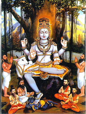 Guru Dakshinamurthy seated in forest with disciples and sacred animals HD phone wallpaper