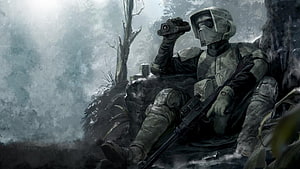 Star Wars Clone Trooper Resting in Misty Jungle with Rifle and Binoculars HD wallpaper