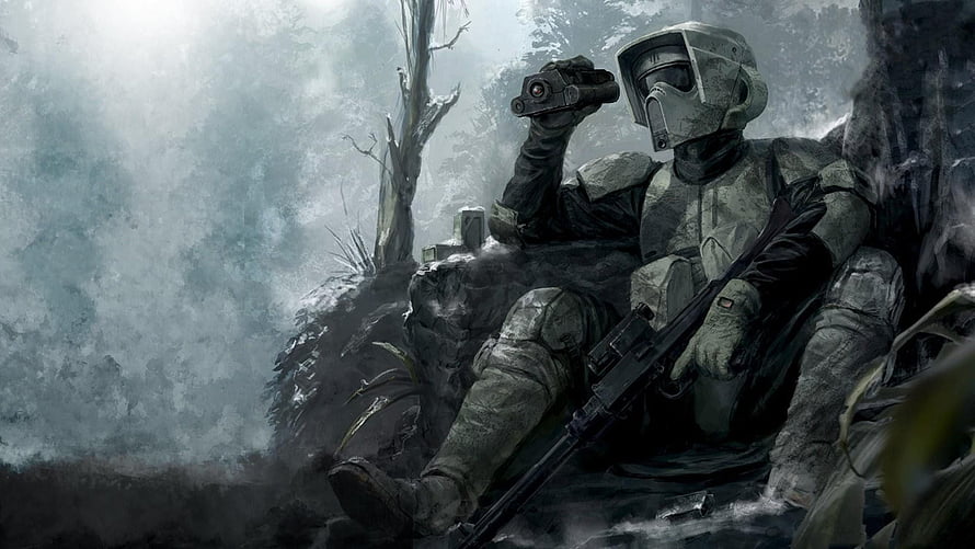 Star Wars Clone Trooper Resting in Misty Jungle with Rifle and Binoculars HD wallpaper