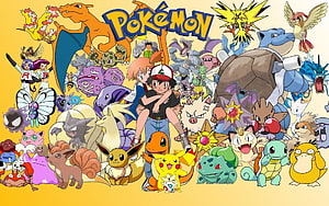 Pokemon Ash and Pikachu Group Artwork with Charizard, Blastoise, and Mewtwo HD wallpaper