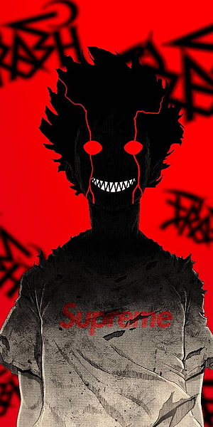 Horror Anime Character with Glowing Red Eyes and Supreme Shirt on Red Background HD phone wallpaper