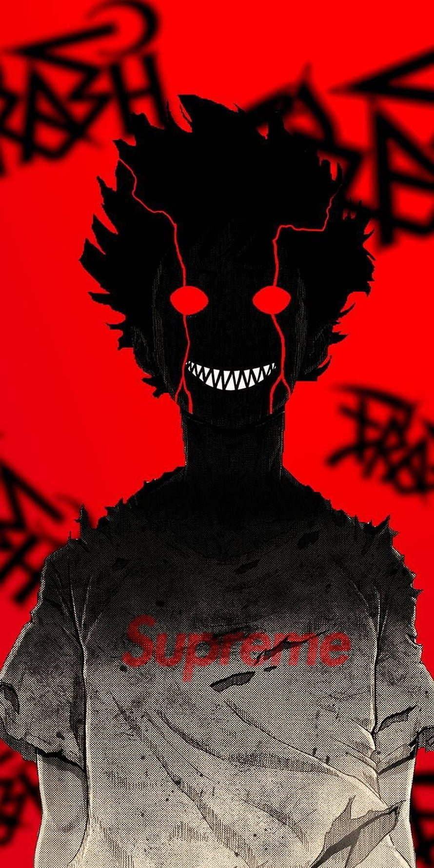 Horror Anime Character with Glowing Red Eyes and Supreme Shirt on Red Background HD phone wallpaper