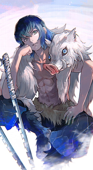 Inosuke Hashibira Demon Slayer Anime Character with Boar Mask and Katana HD phone wallpaper