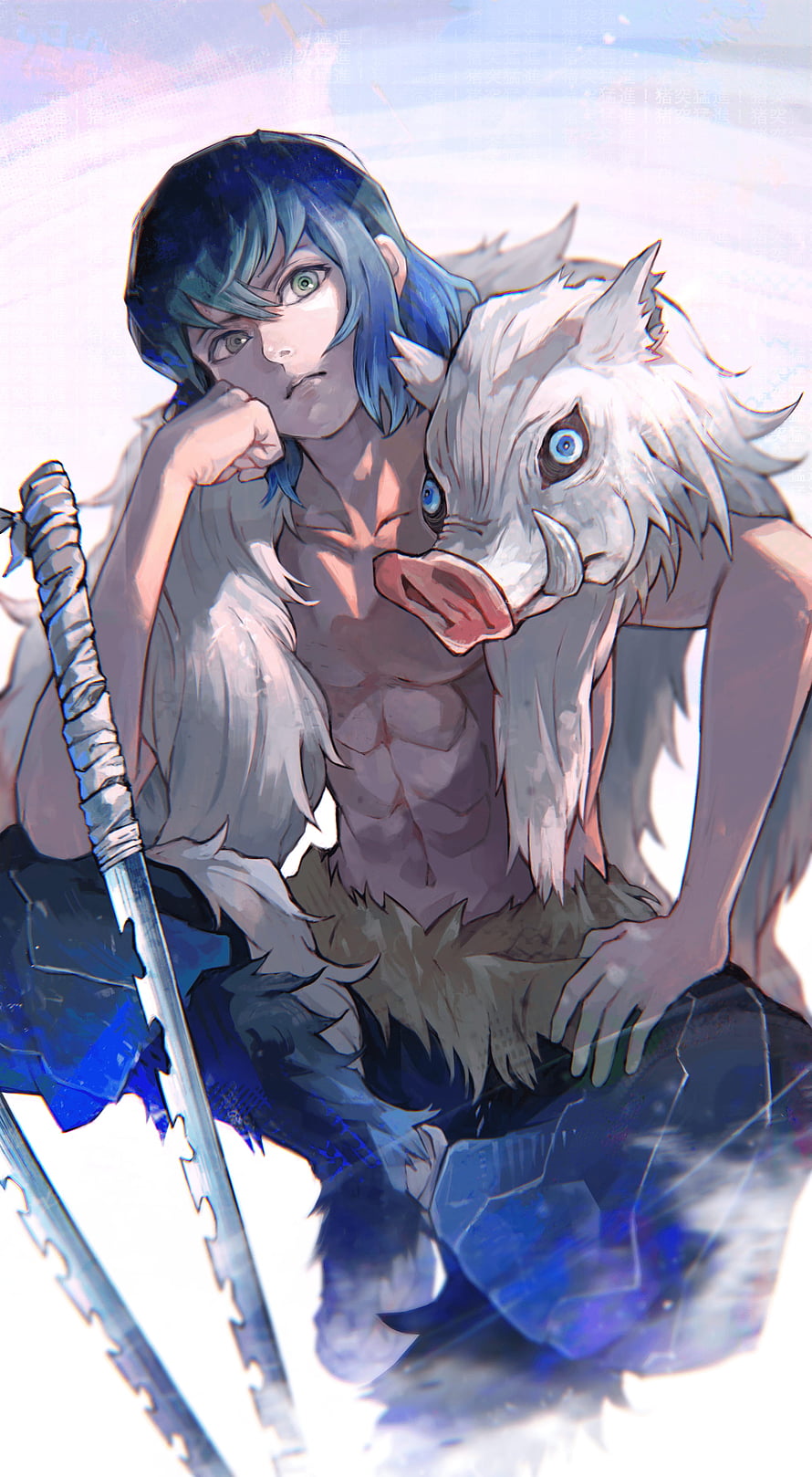 Inosuke Hashibira Demon Slayer Anime Character with Boar Mask and Katana HD phone wallpaper