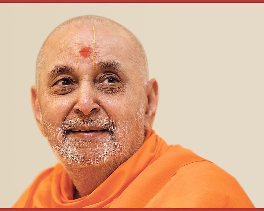 Portrait of Pramukh Swami Maharaj in Orange Saffron Robes with Tilak Mark HD wallpaper