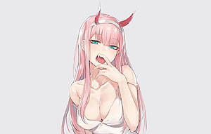 Zero Two from Darling in the Franxx in a white dress with pink hair and horns HD wallpaper