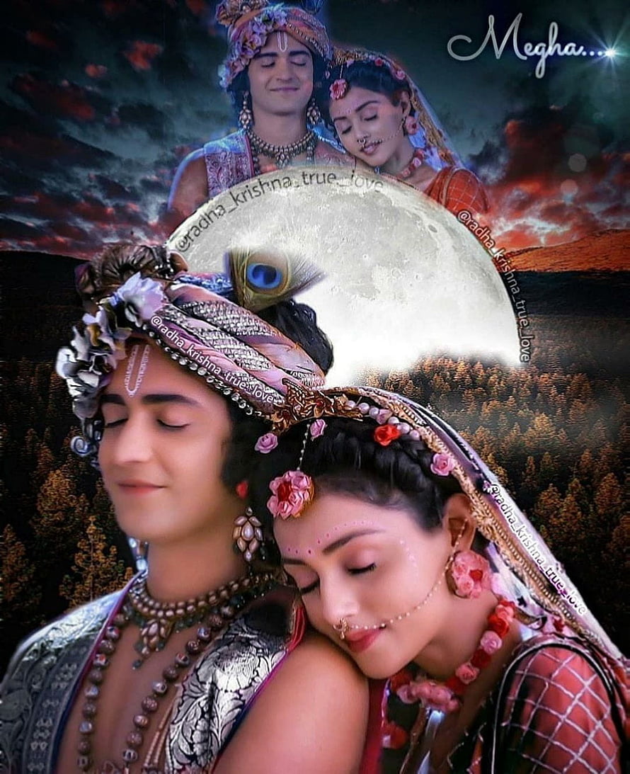 Radha Krishna Devotional Artwork with Full Moon and Peacock Feather Crown HD phone wallpaper