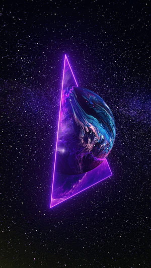 Neon Triangle Framing a Swirling Cosmic Planet in Deep Space HD phone wallpaper