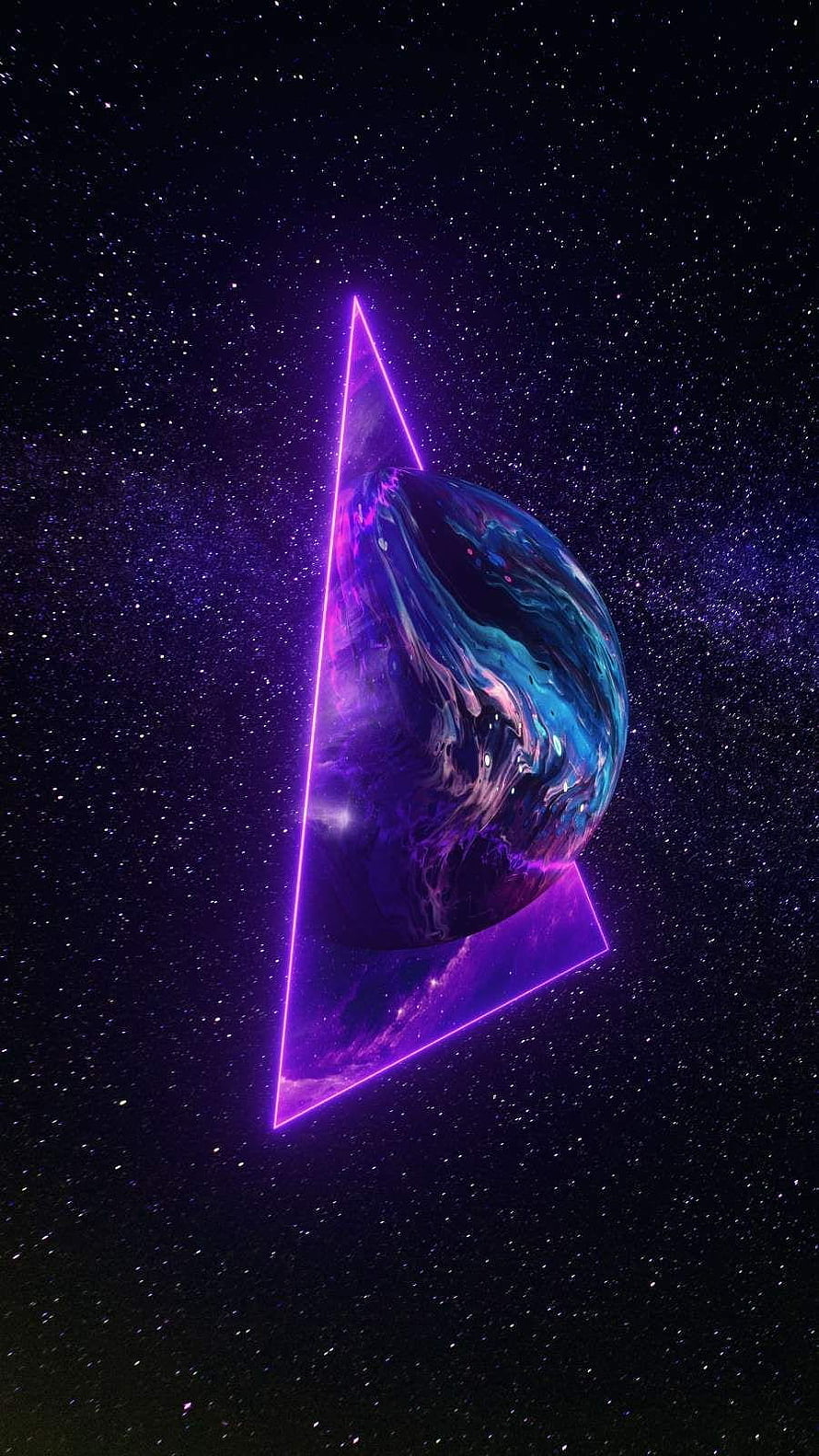 Neon Triangle Framing a Swirling Cosmic Planet in Deep Space HD phone wallpaper