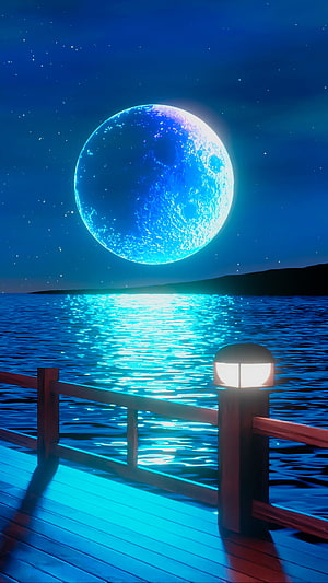 Glowing Blue Moon Over a Starlit Ocean with a Wooden Pier and Lantern HD phone wallpaper