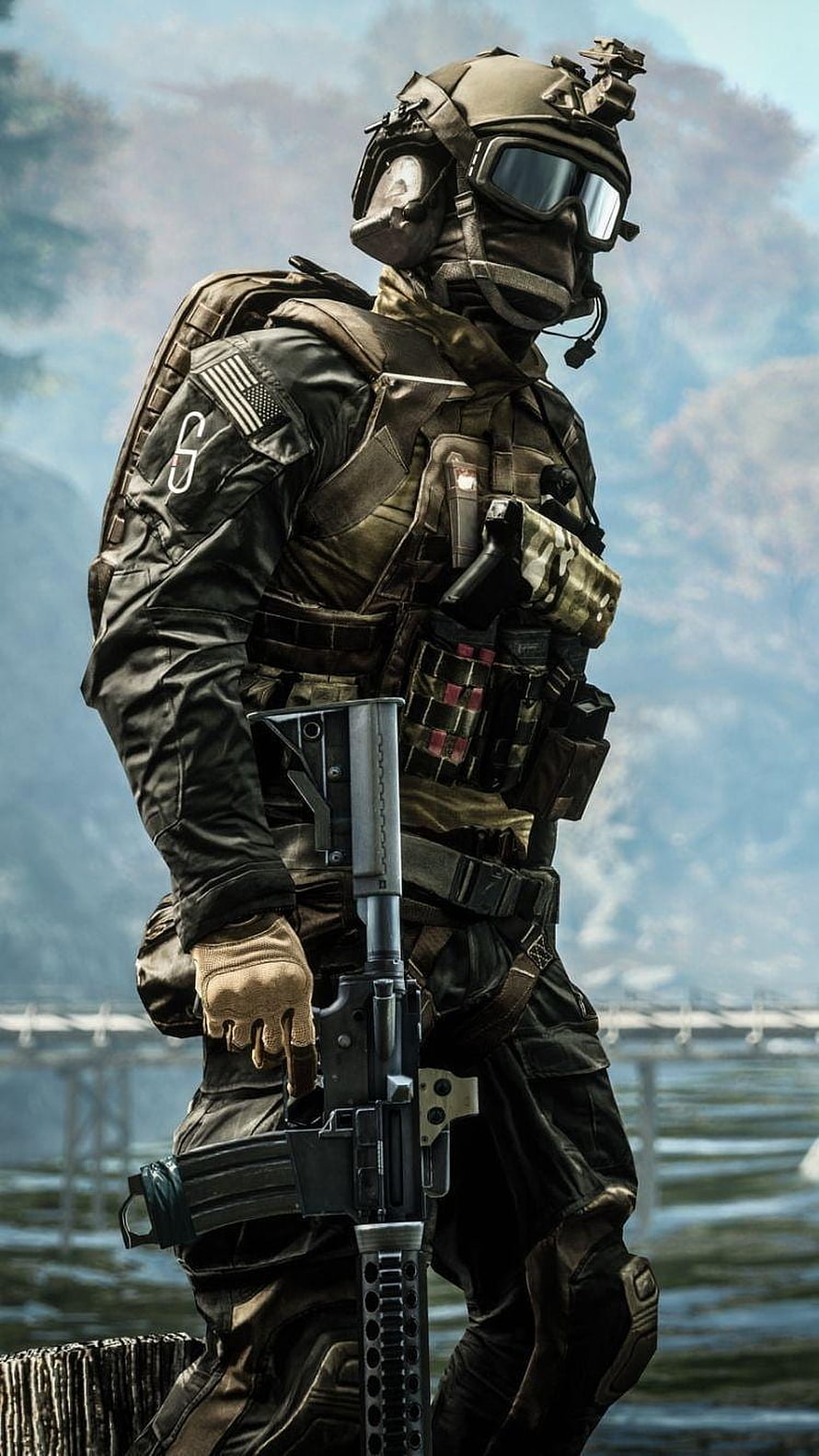 Tactical Soldier in Full Combat Gear Holding Rifle by Waterfront HD phone wallpaper