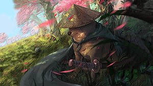 Samurai Doge Digital Art: Shiba Inu Warrior with Katana Under Cherry Blossoms HD wallpaper